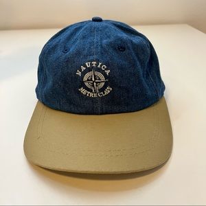 Nautical Metre Class vintage denim leather strapback buckle long bill hat